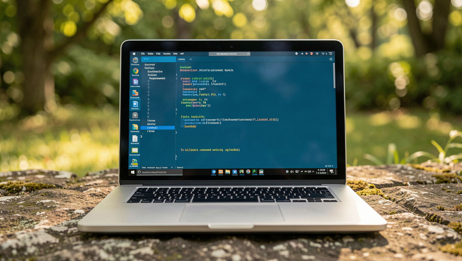A laptop running Linux outdoors, showcasing a serene and natural setting.