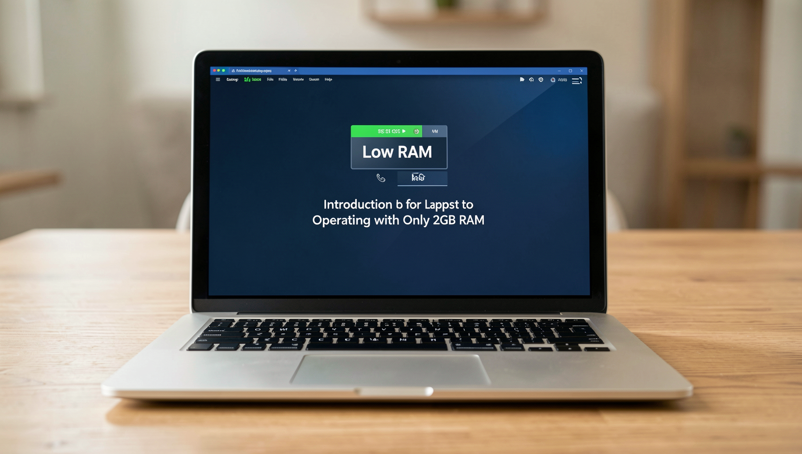 Photorealistic laptop displaying a low RAM indicator, emphasizing OS for 2GB RAM.