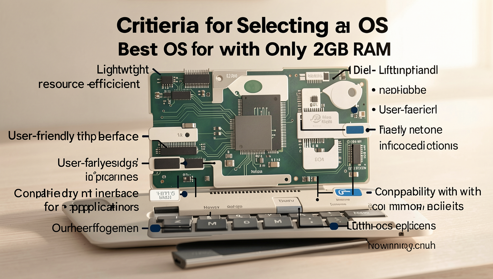 Close-up infographic showing criteria for selecting an OS for laptops with 2GB RAM.
