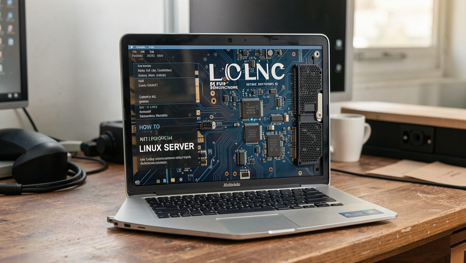 Photorealistic image of an old laptop being converted into a Linux server in a tech workspace.