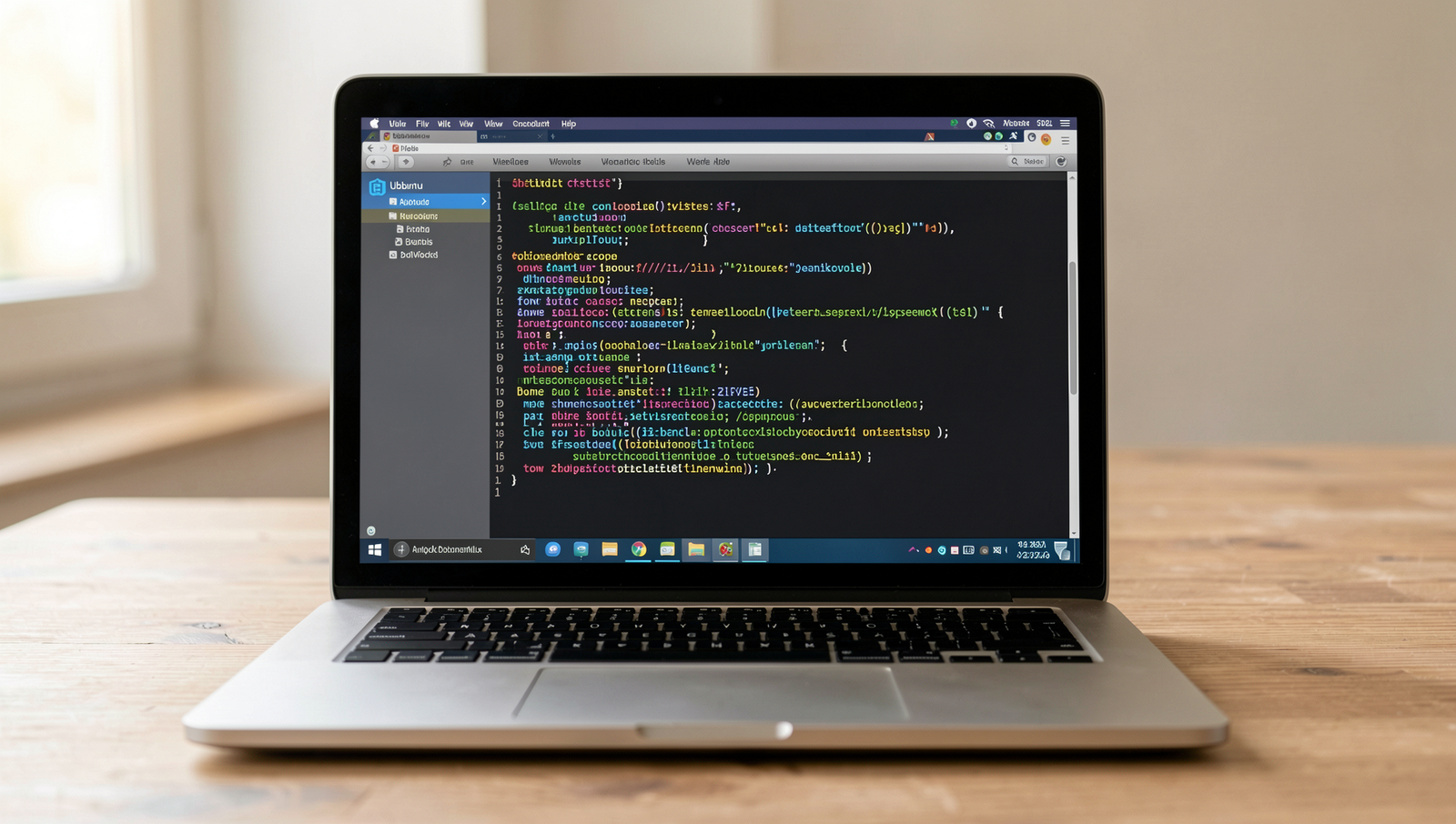 Photorealistic laptop displaying Linux desktop with technical specifications on screen.
