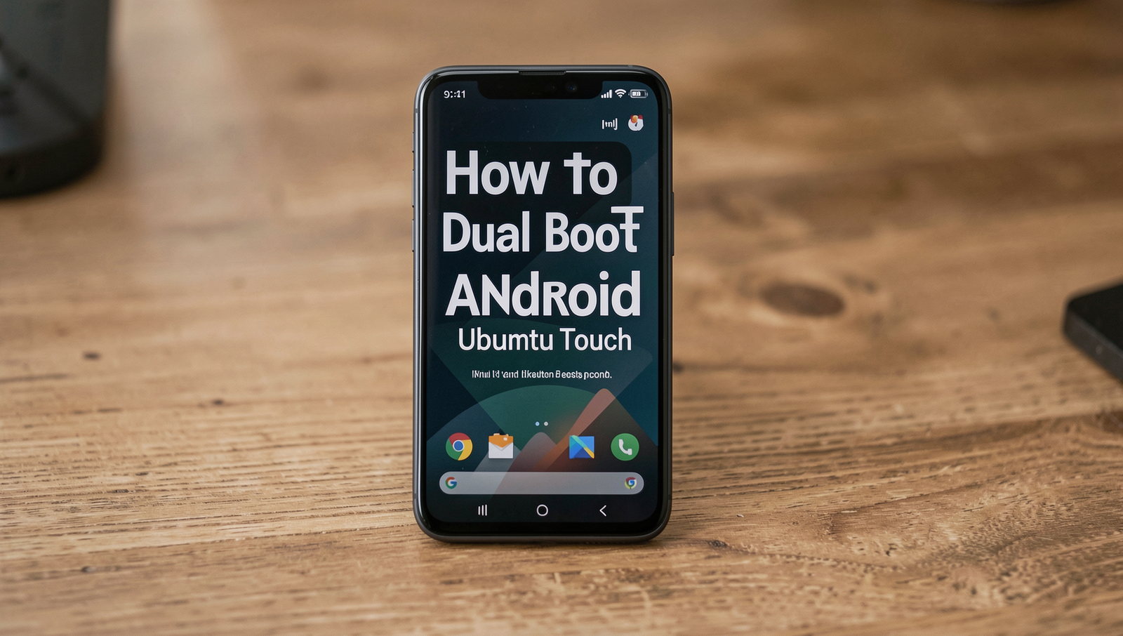 A laptop displaying Android and Ubuntu Touch dual boot setup in a modern workspace.