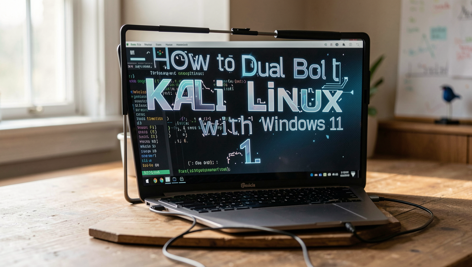 Professional setup for dual booting Kali Linux with Windows 11 in a modern workspace.