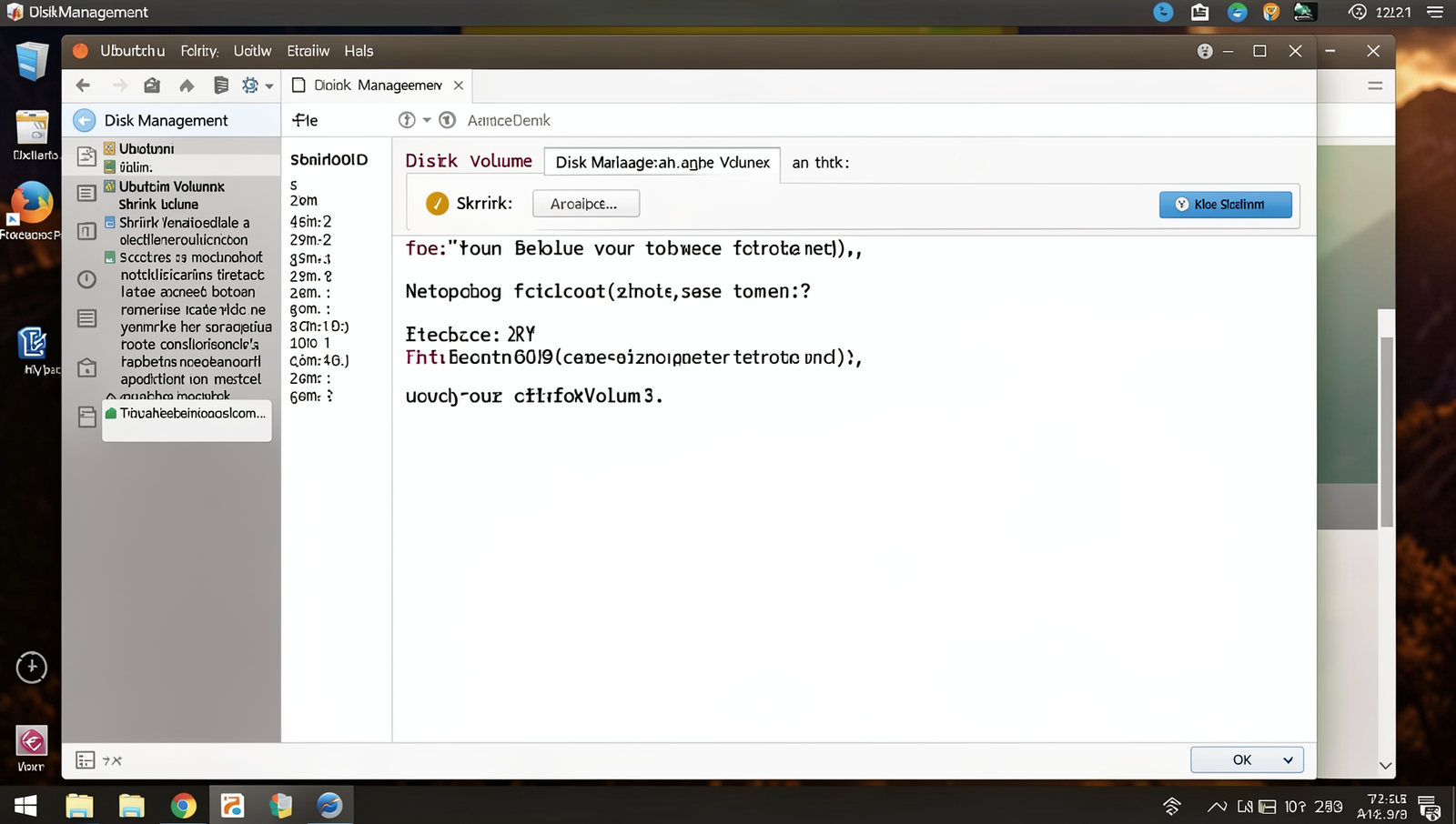 Disk Management interface displaying the shrink volume option on a Linux desktop.