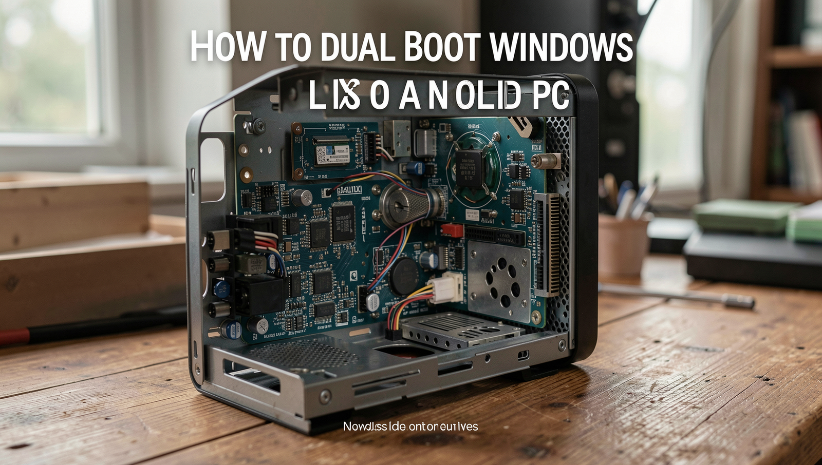 A dual boot setup on an old PC showcasing Windows and Linux interfaces.