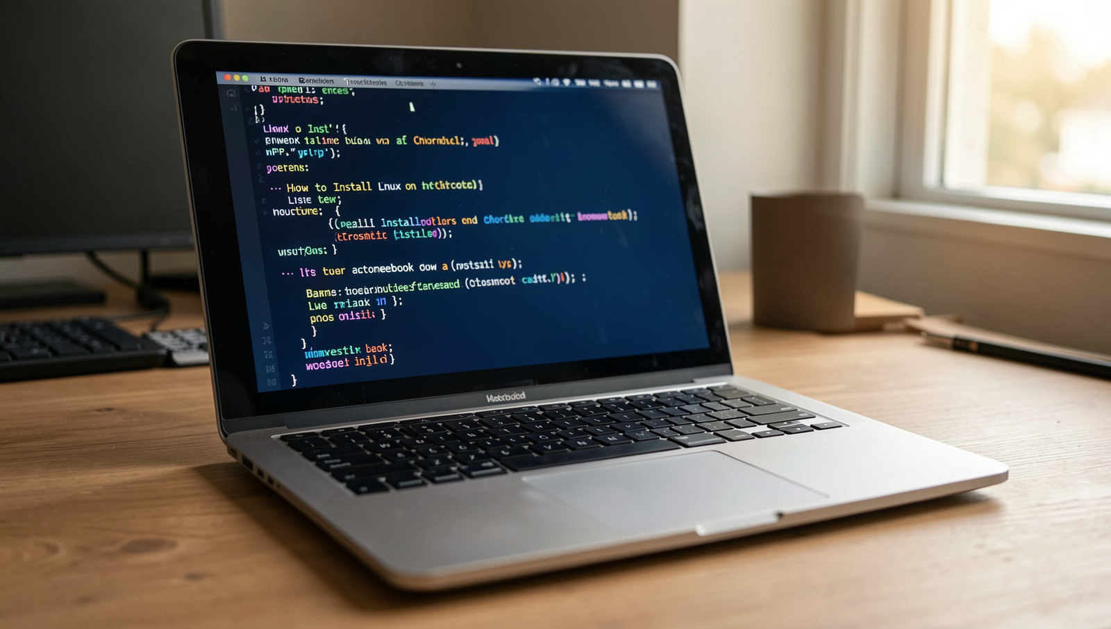 Professional setup showing a Chromebook with Linux installation process in a modern workspace.