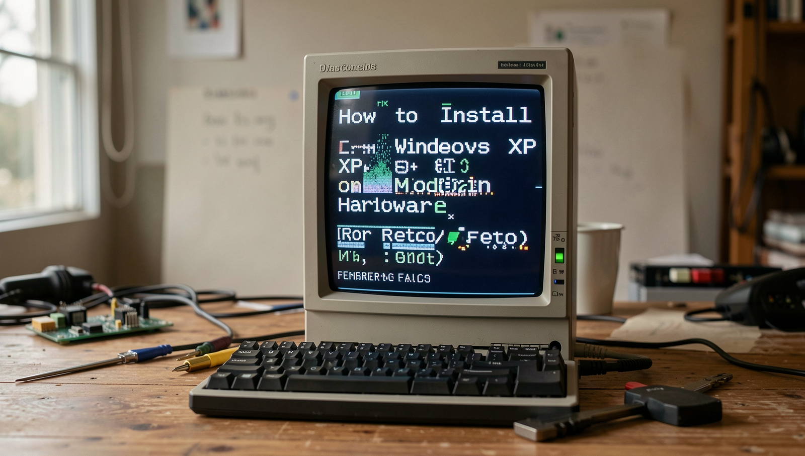 Photorealistic image of a retro computer setup for installing Windows XP.