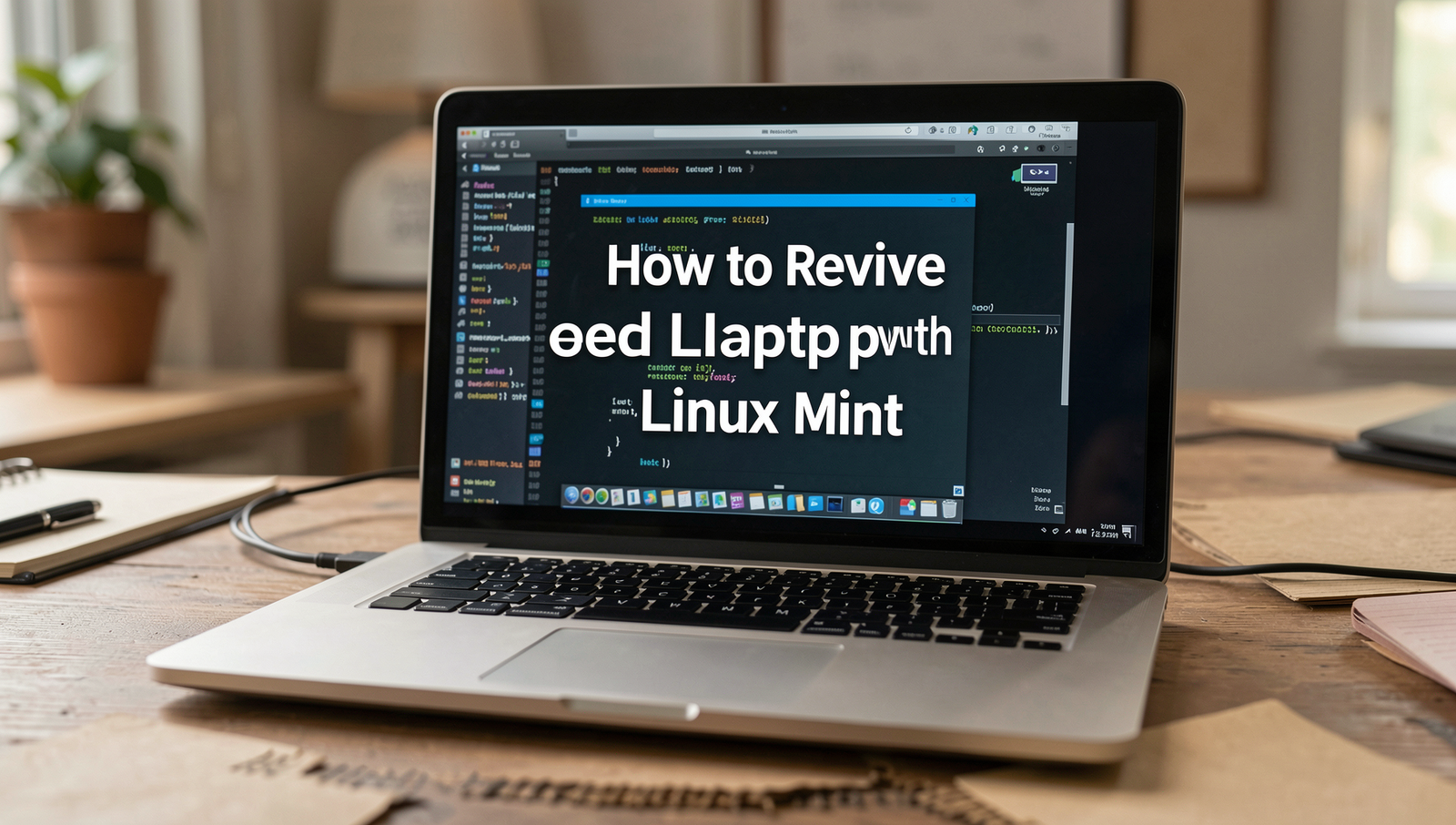 A technician revives a dead laptop using Linux Mint in a well-lit workspace.