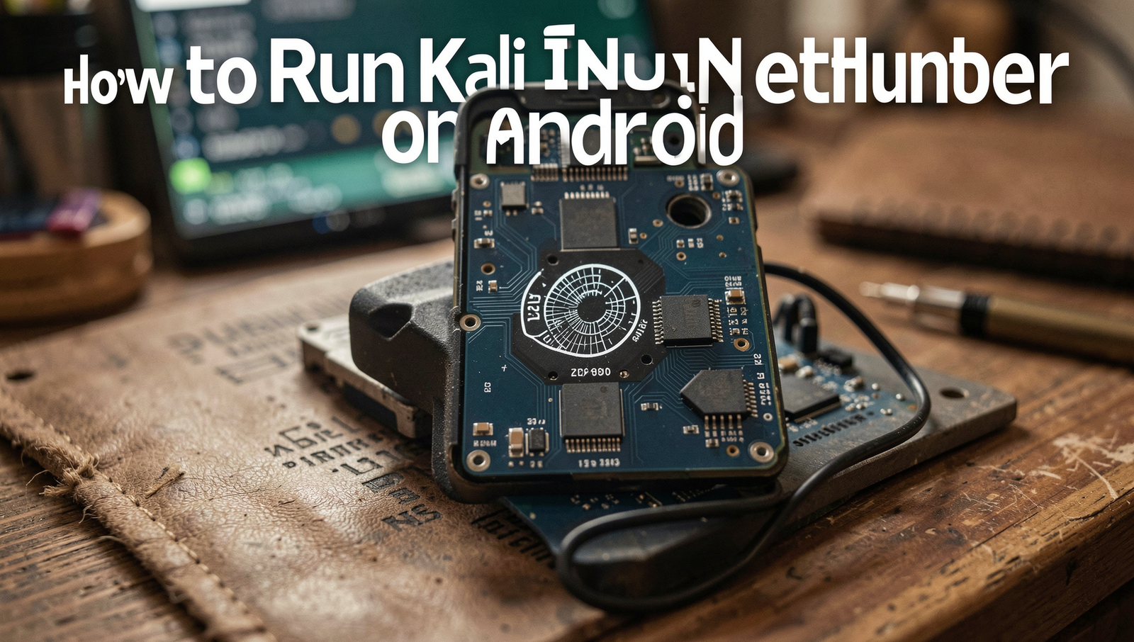 Professional photo showcasing Kali Linux NetHunter running on an Android device in a tech environment.
