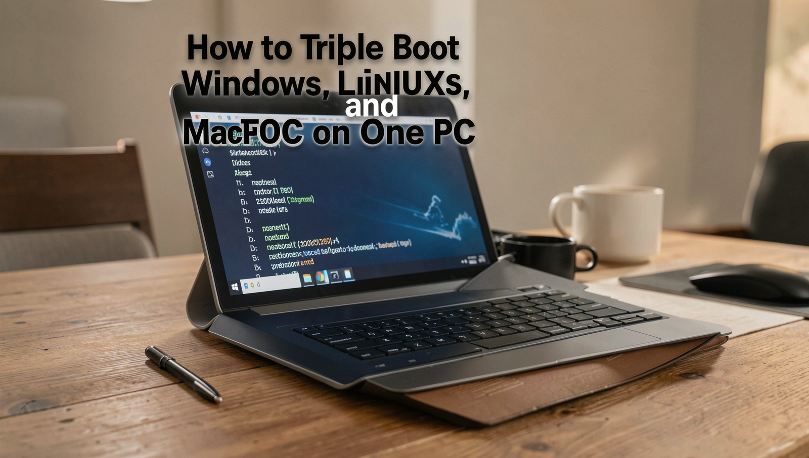 A PC setup showcasing triple boot options for Windows, Linux, and macOS.