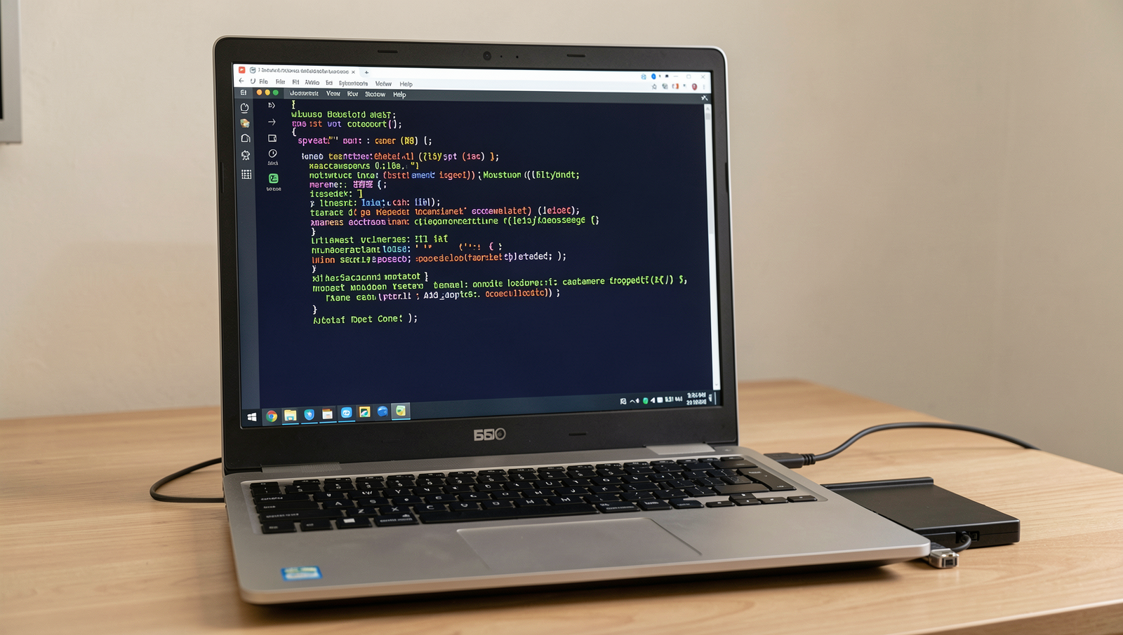 Computer with external hard drive connected, showcasing Linux desktop interface.
