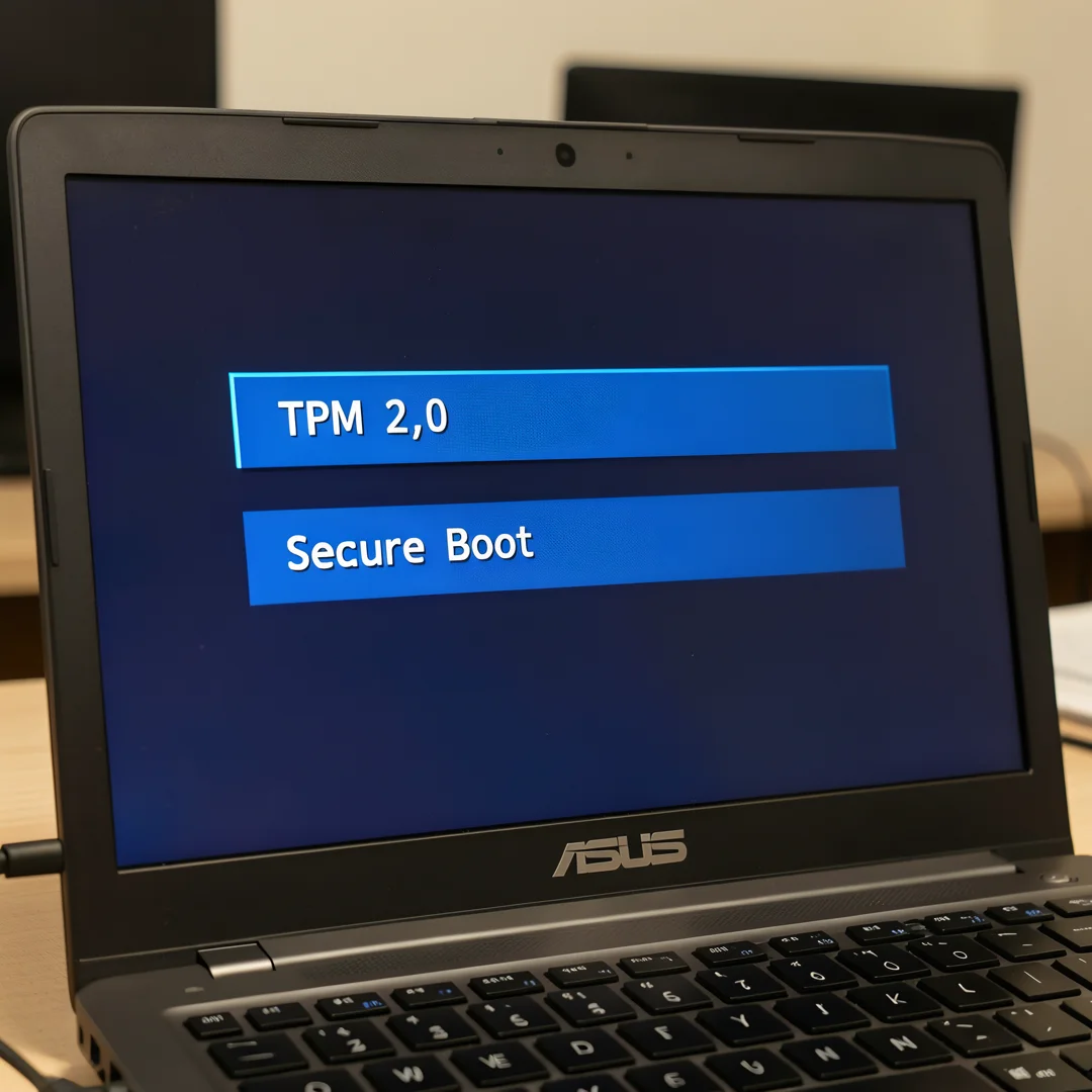 Step 1: ASUS laptop BIOS screen showing TPM 2.0 and Secure Boot enabled for Windows 11 compatibility check