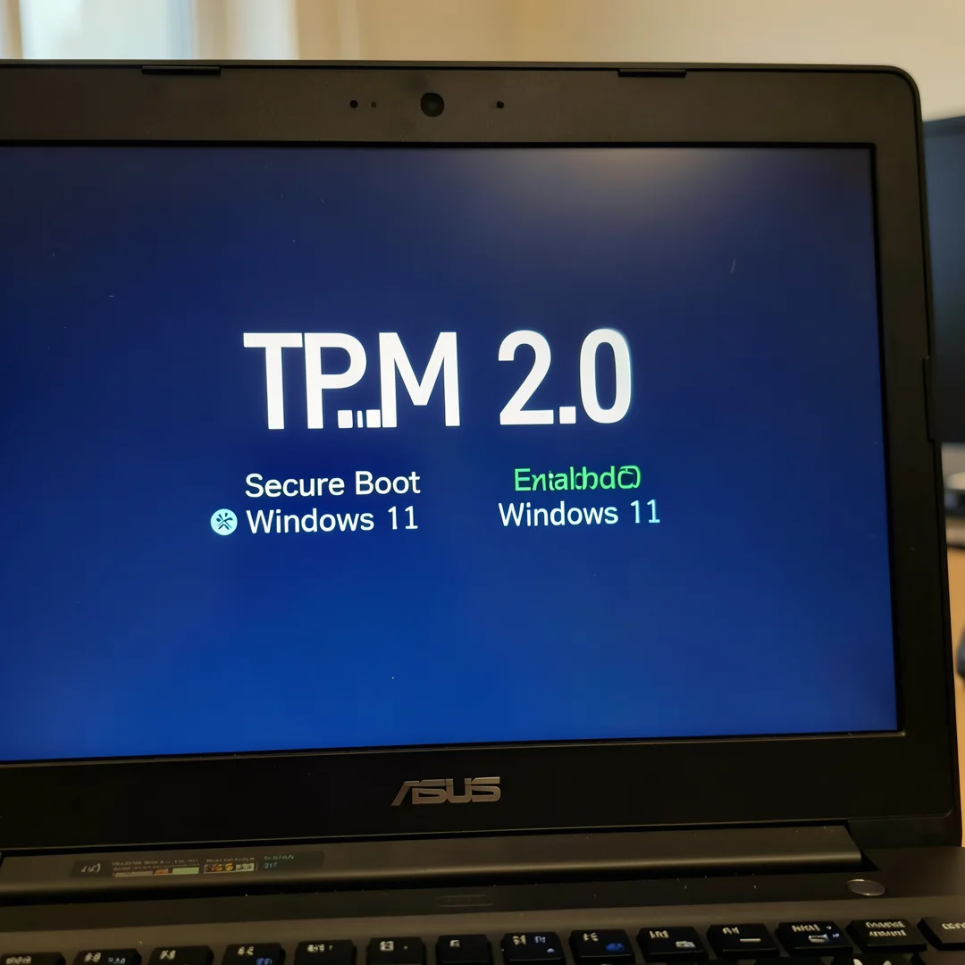 Step 1: ASUS laptop BIOS screen showing TPM 2.0 and Secure Boot enabled for Windows 11 compatibility check