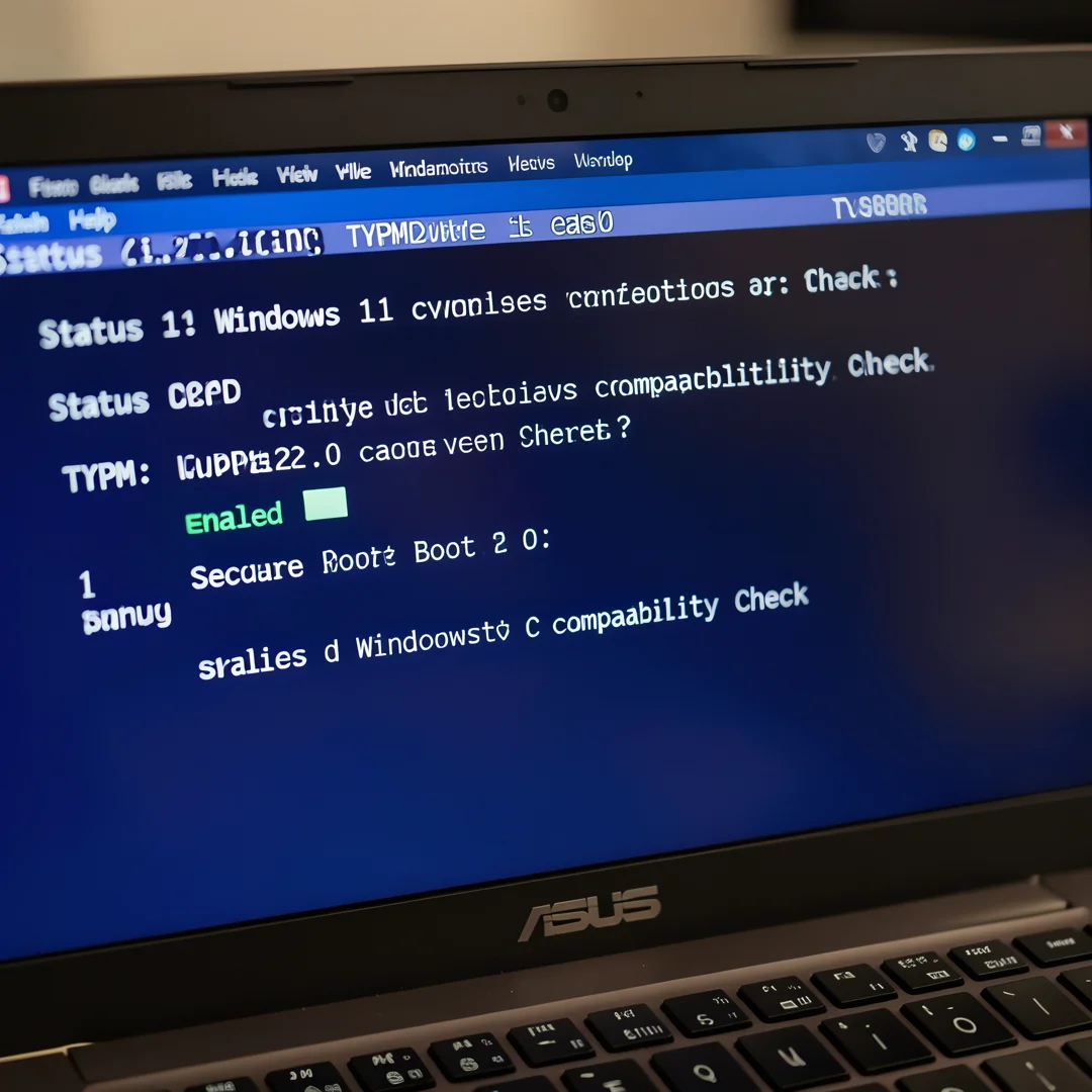Step 1: ASUS laptop BIOS screen showing TPM 2.0 and Secure Boot enabled for Windows 11 compatibility check