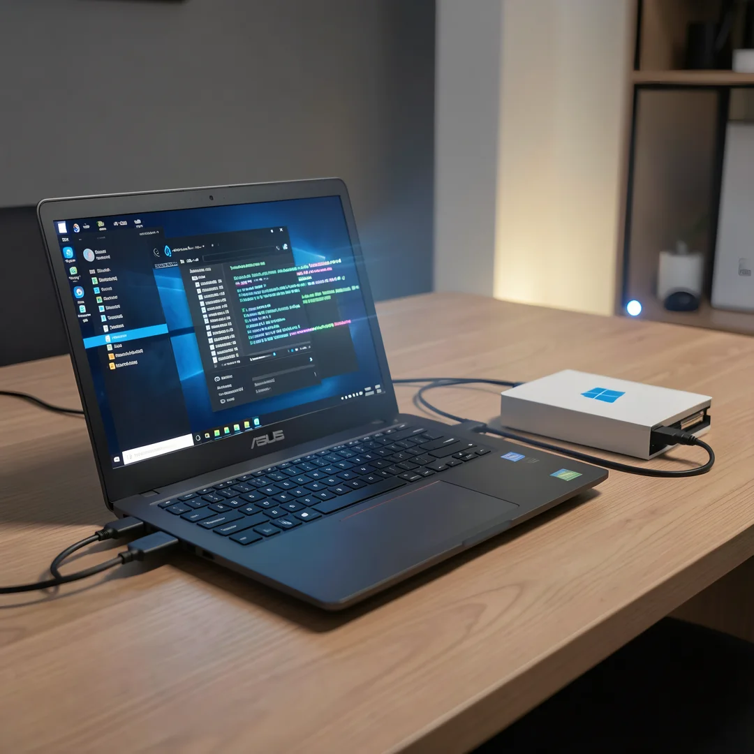 Step 2: External hard drive connected to ASUS laptop backing up files before Windows 11 installation
