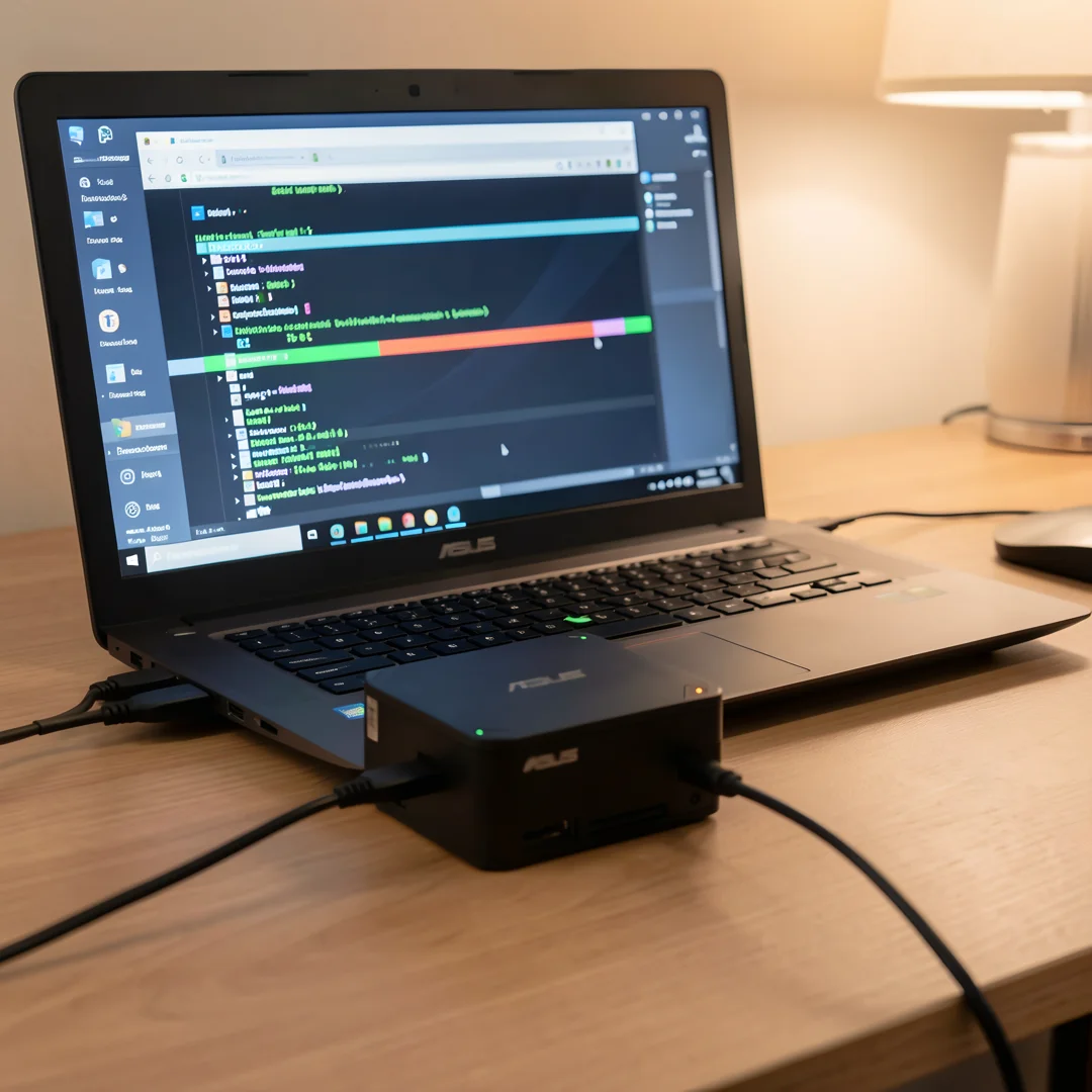 Step 2: External hard drive connected to ASUS laptop backing up files before Windows 11 installation