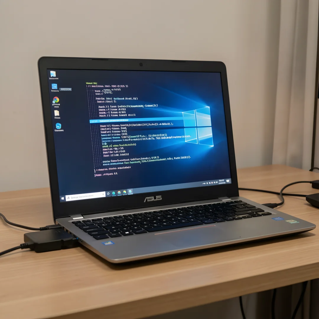 Step 2: External hard drive connected to ASUS laptop backing up files before Windows 11 installation