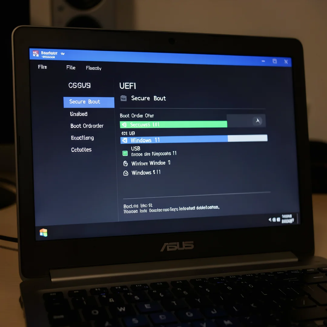 Step 4: ASUS laptop BIOS UEFI settings showing Secure Boot enabled and USB boot priority for Windows 11