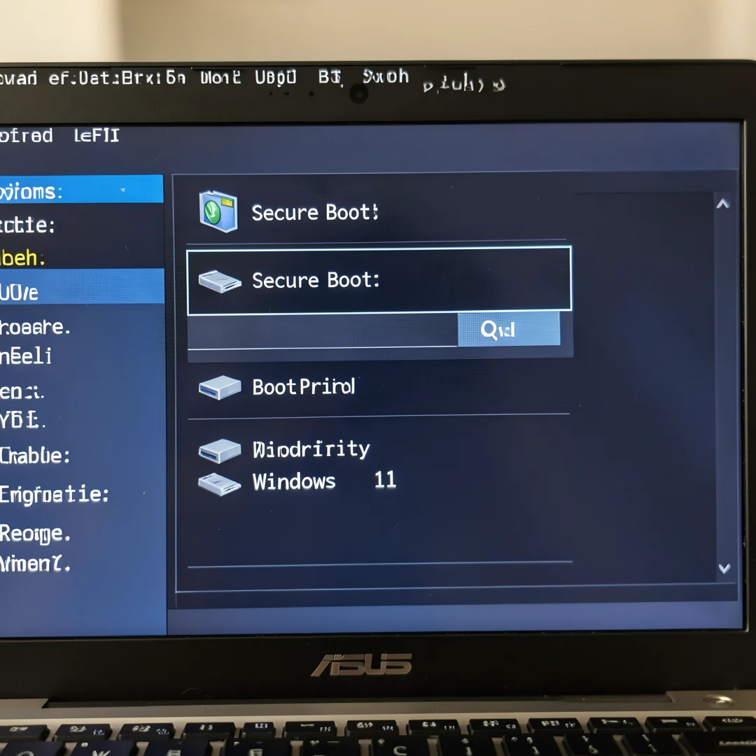 Step 4: ASUS laptop BIOS UEFI settings showing Secure Boot enabled and USB boot priority for Windows 11