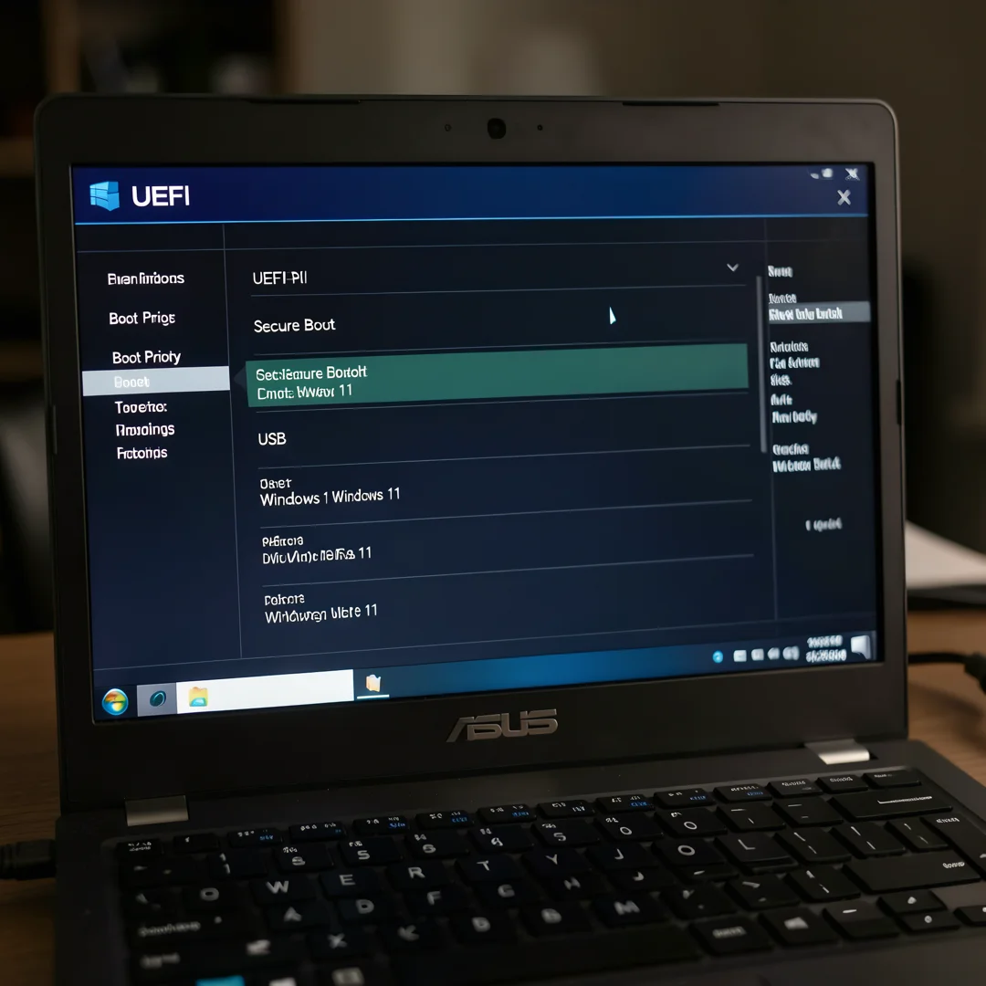 Step 4: ASUS laptop BIOS UEFI settings showing Secure Boot enabled and USB boot priority for Windows 11