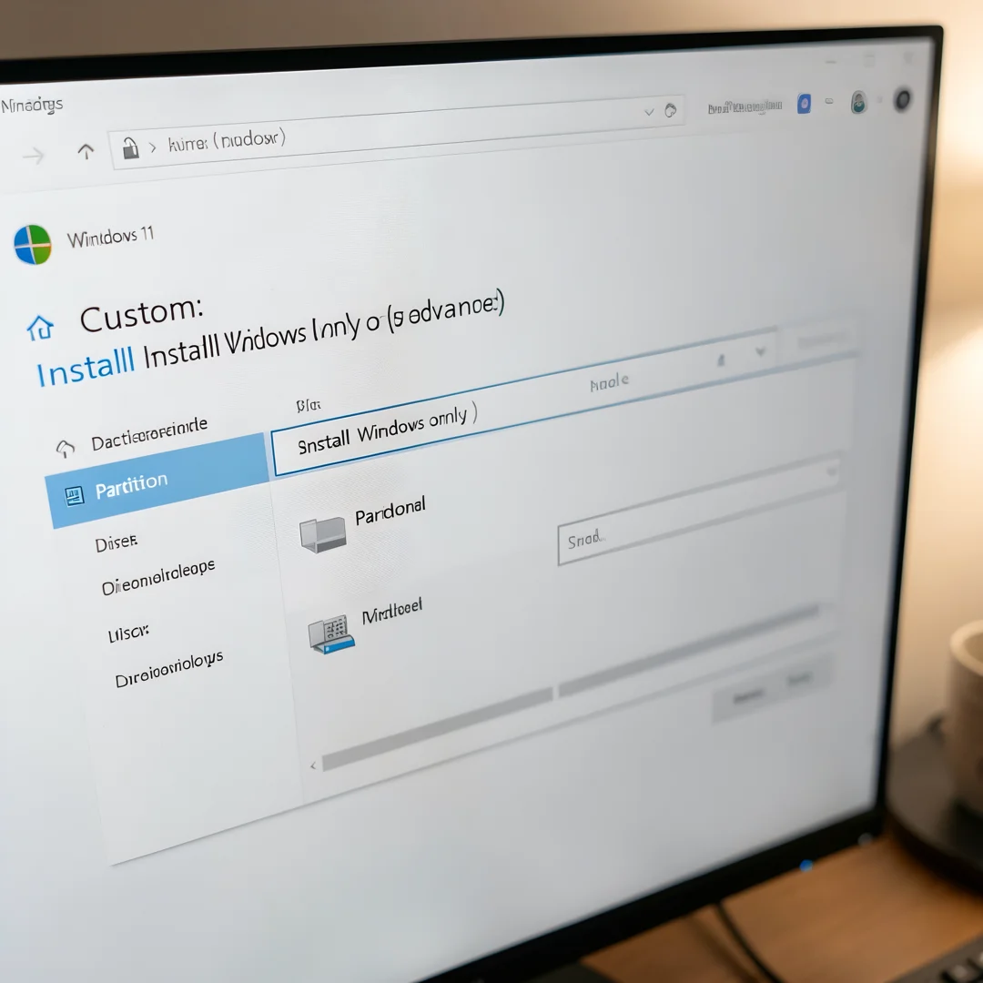 Step 5: Windows 11 installation setup screen showing custom install and drive partition selection
