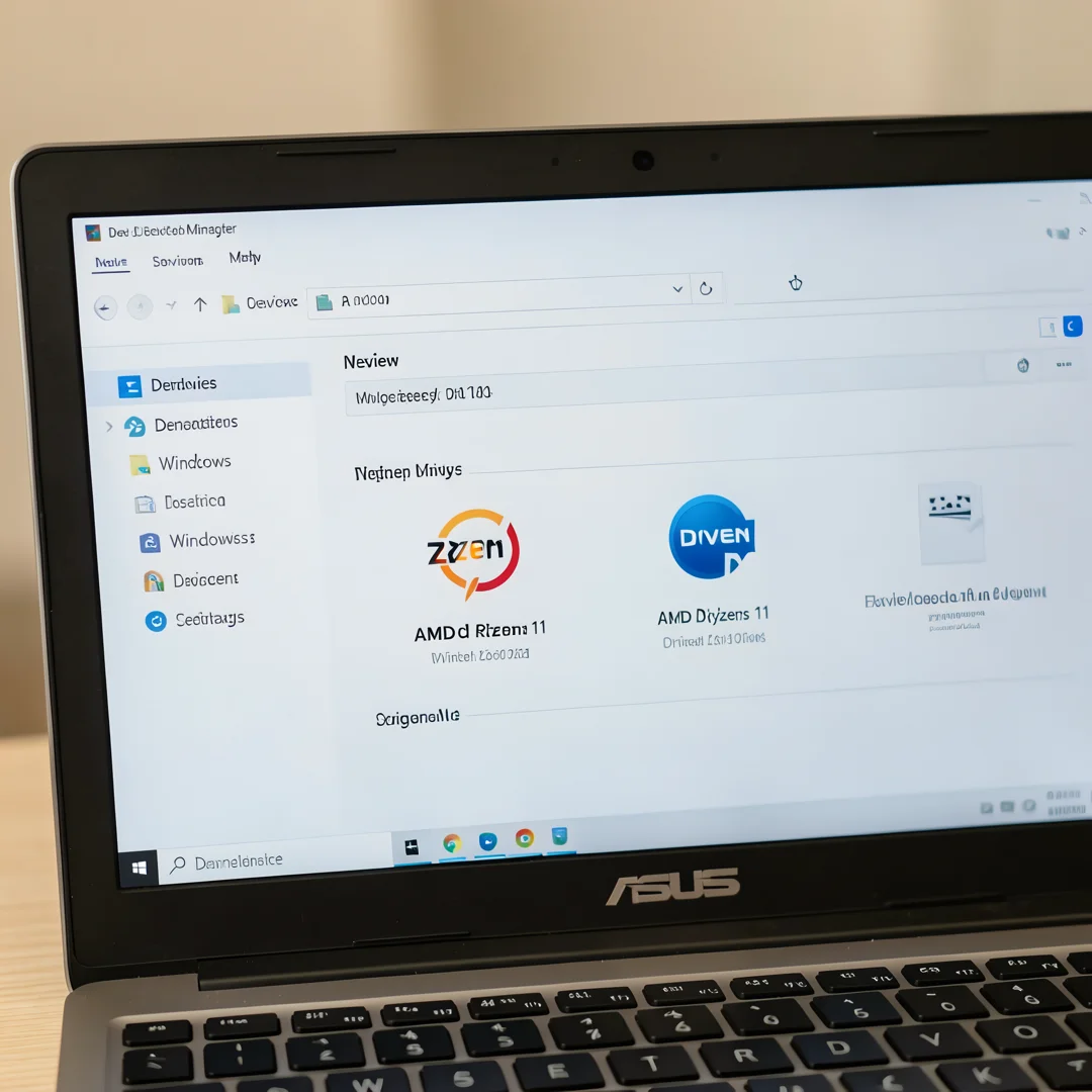 Step 7: ASUS laptop device manager showing AMD Ryzen drivers installed after Windows 11 setup