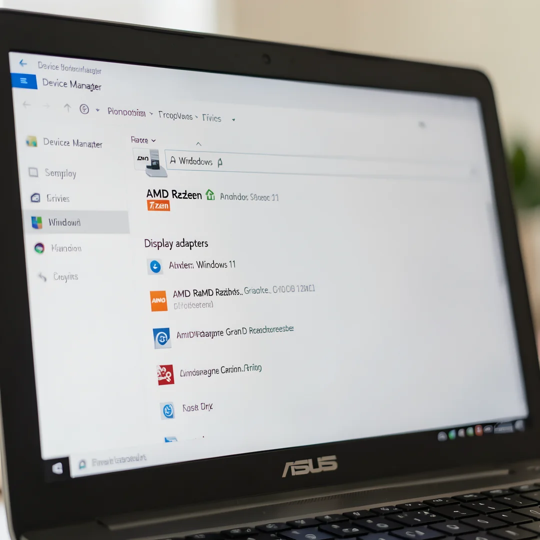 Step 7: ASUS laptop device manager showing AMD Ryzen drivers installed after Windows 11 setup