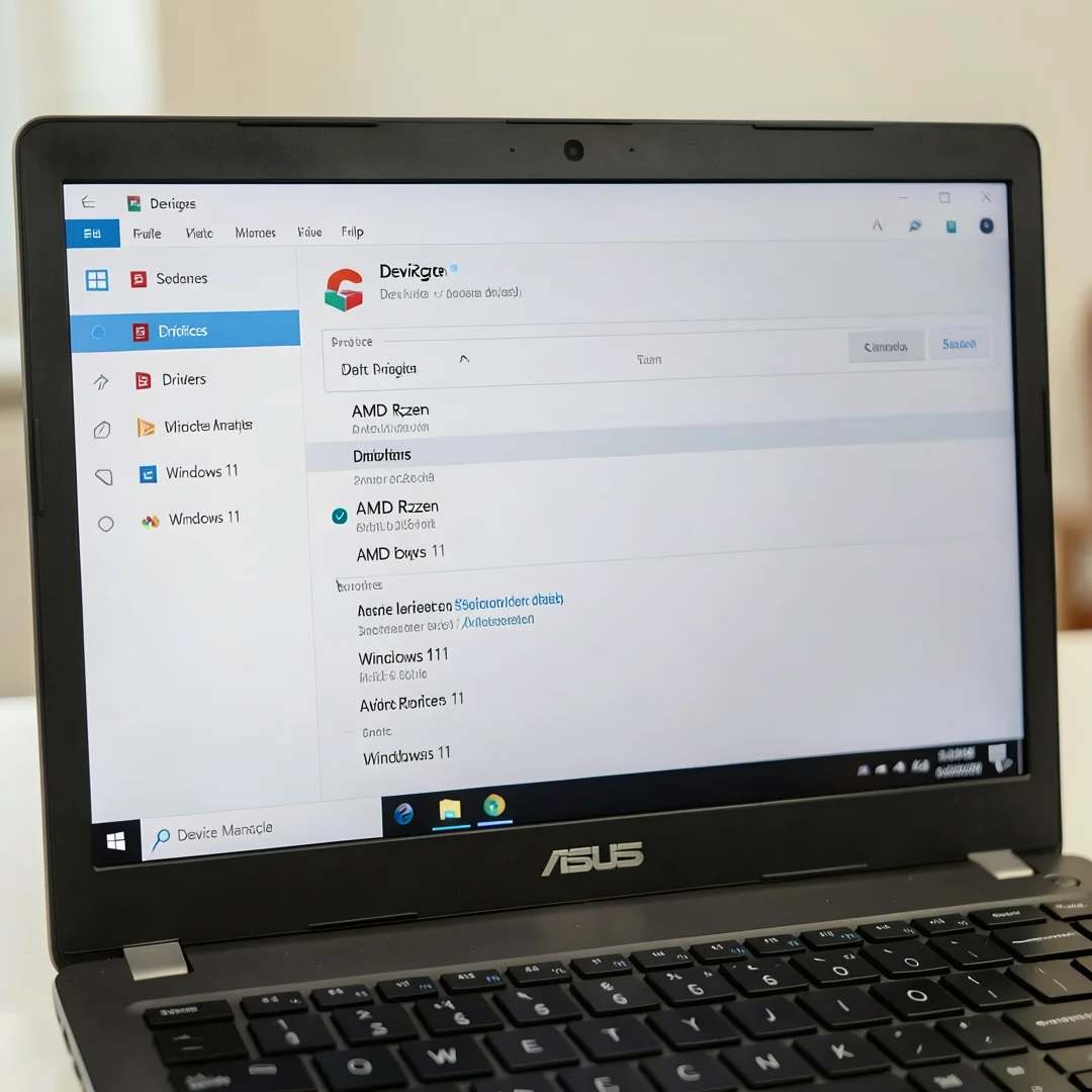 Step 7: ASUS laptop device manager showing AMD Ryzen drivers installed after Windows 11 setup