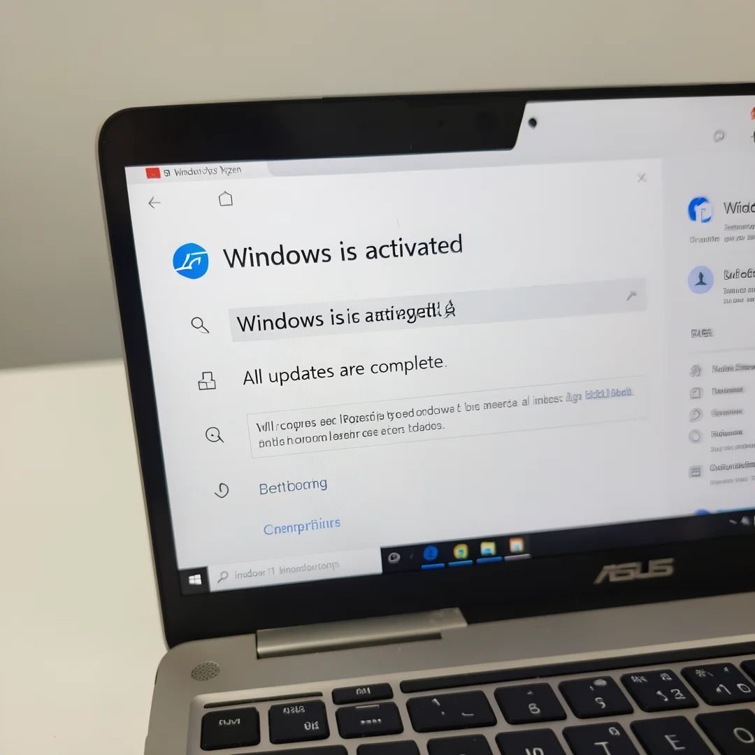 Step 8: Windows 11 settings showing successful activation and updates complete on ASUS Ryzen laptop