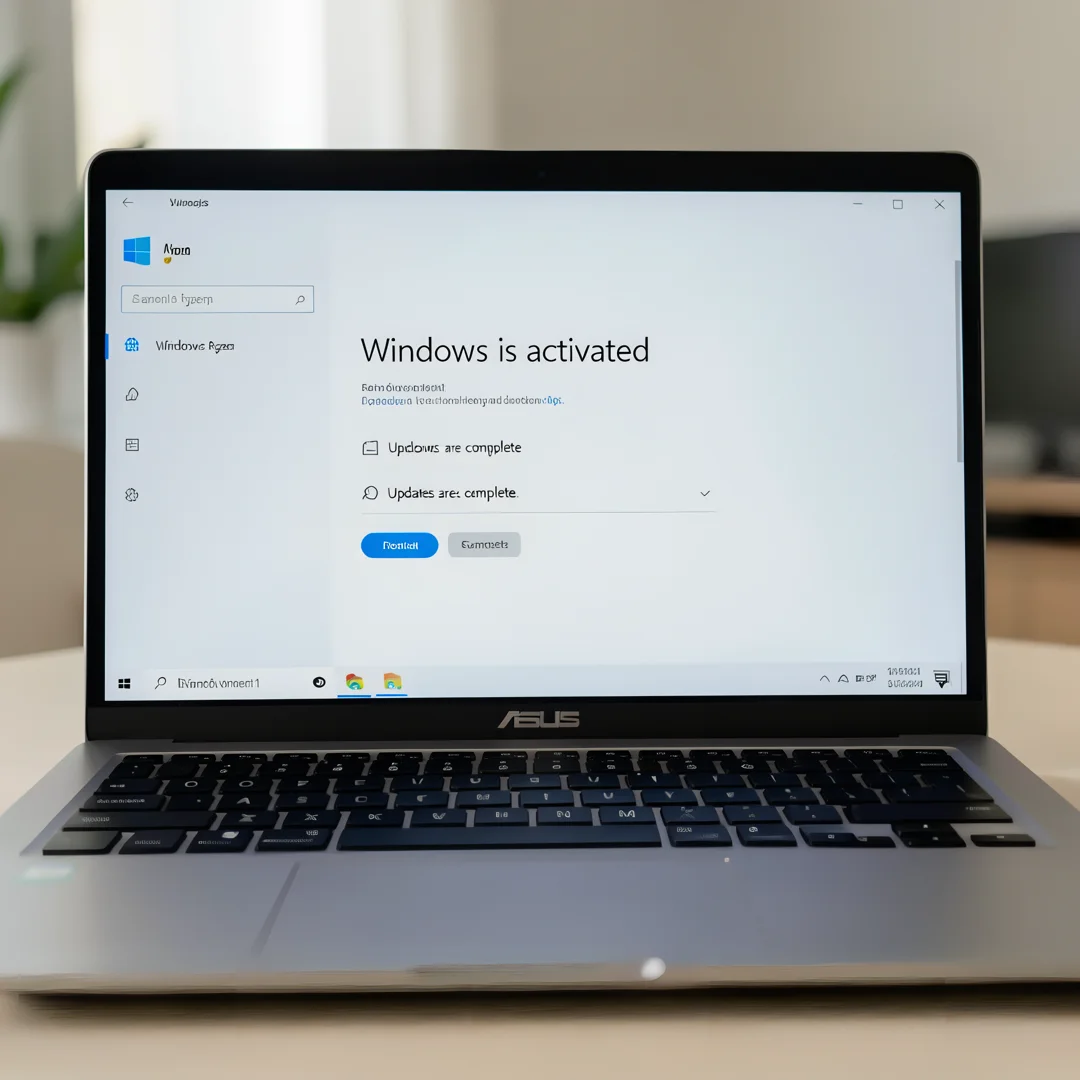 Step 8: Windows 11 settings showing successful activation and updates complete on ASUS Ryzen laptop