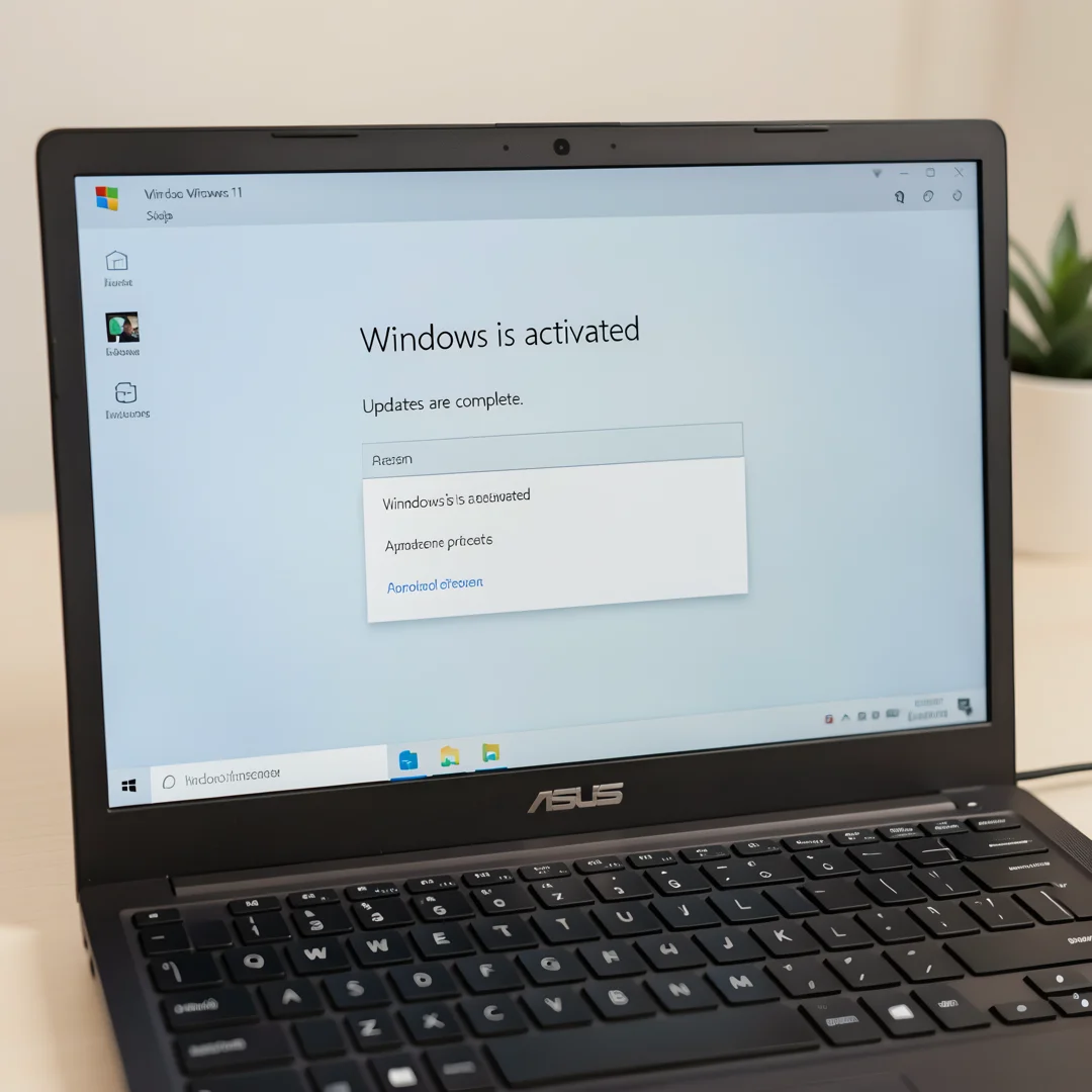Step 8: Windows 11 settings showing successful activation and updates complete on ASUS Ryzen laptop